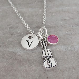 Violin Necklace - Musical Instrument Charm Necklace - Personalized Initial and Birthstone - Antique Silver Violin Jewelry - Violin Gifts
