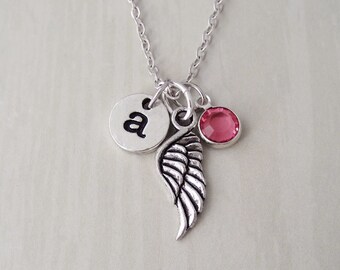 Angel Wing Necklace - Monogram Personalized Initial and Birthstone - Memorial Necklace - Sympathy Gift