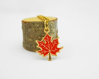 Maple Leaf Necklace - Gold & Enamel Canada Jewelry or Keychain