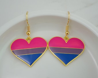 Bisexual Earrings - Bi Pride Flag Heart Charm Earrings - Bisexual Flag Earrings - LGBT Pride Month Gifts - Gold and Enamel Jewelry