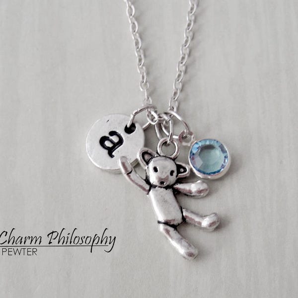 Teddy Bear Necklace - Antique Silver Children's Jewelry - Monogram Personalized Initial and Birthstone