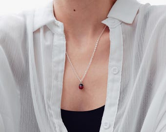 Small Ladybug Necklace - Enamel and Silver Insect Lady Bug Charm - Antique Silver Toned Ladybug Jewelry