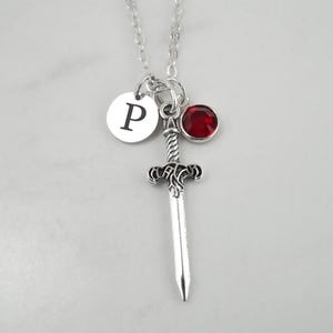 Sword Necklace - Personalized Knight's Sword Charm Necklace - Personalized Initial and Birthstone - Antique Silver Jewelry - Dagger Necklace image 3