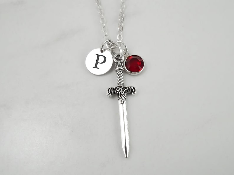 Sword Necklace - Personalized Knight's Sword Charm Necklace - Personalized Initial and Birthstone - Antique Silver Jewelry - Dagger Necklace image 3