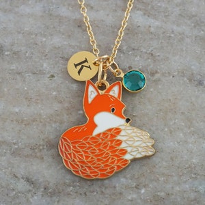 Fox Necklace - Monogram Personalized Initial and Birthstone - Gold and Enamel Fox Jewelry - Fox Gifts - Made in Canada