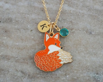 Fox Necklace - Monogram Personalized Initial and Birthstone - Gold and Enamel Fox Jewelry - Fox Gifts - Made in Canada