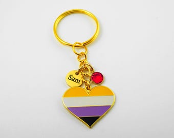 Personalized Non-binary Pride Flag Heart Charm Keychain: Gold and Enamel LGBTQIA+ Gifts