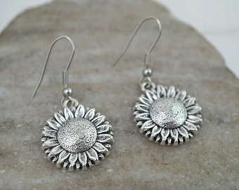 Silver Sunflower Earrings - Antique Silver Jewelry - Sterling Silver, Stainless Steel or Silver Plated Shepherd Hooks - Flower Earrings