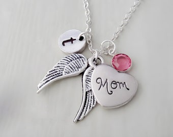 Mom Memorial Necklace - Angel Wings Necklace - In Memory of Necklace - Monogram Personalized Initial and Birthstone - Sympathy Gift