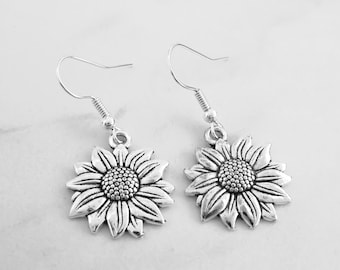Sunflower Earrings - Antique Silver Sunflower Jewelry - Sterling Silver, Stainless Steel or Silver Plated Shepherd Hooks - Flower Earrings