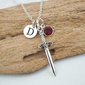 Sword Necklace - Personalized Knight's Sword Charm Necklace - Personalized Initial and Birthstone - Antique Silver Jewelry - Dagger Necklace image 4