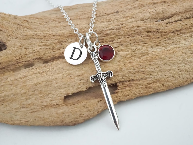 Sword Necklace - Personalized Knight's Sword Charm Necklace - Personalized Initial and Birthstone - Antique Silver Jewelry - Dagger Necklace image 4