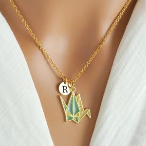 Origami Necklace - Gold and Enamel Paper Crane Necklace - Personalized Initial Charm - Origami Crane Necklace - Origami Jewelry or Keychain