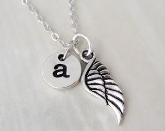 Personalized Angel Wing Necklace - Monogram Initial - Memorial Necklace - Antique Silver Jewelry - Sympathy Gift