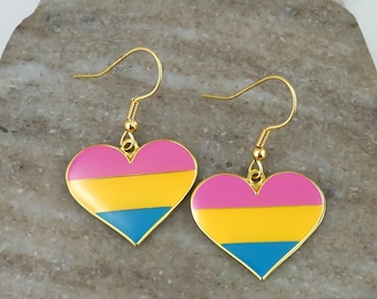 Pansexual Earrings - Pansexual Pride Flag Heart Charm Earrings - Pansexual Flag Earrings - LGBT Pride Month Gifts - Gold and Enamel Jewelry