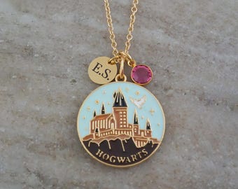 Wizard Castle Necklace or Keychain - Gold and Enamel Magical Jewelry - Personalized Name and Birthstone Charms