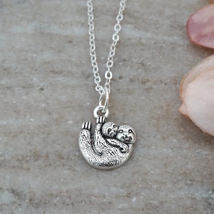 Sloth Necklace - Sloth Mom and Baby Charm Necklace - Antique Silver Jewelry - Silver Sloth Jewelry - Mother&#39;s Day Necklace for Mom
