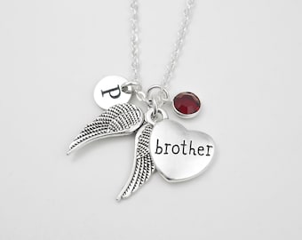Brother Memorial Necklace - Angel Wings Necklace - In Memory of Necklace - Monogram Personalized Initial and Birthstone - Sympathy Gift