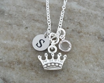 Princess Crown Necklace - Antique Silver Crown Charm - Queen Necklace - Princess Necklace - Monogram Personalized Initial and Birthstone