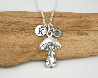 Personalized Mushroom Necklace - Antique Silver Toadstool Jewelry for Foragers, Initial & Birthstone