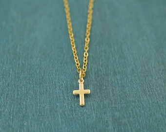 Gold Cross Necklace - Tiny Christian Cross Charm, Religious Jewelry