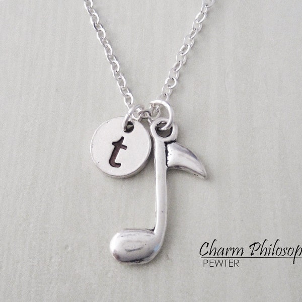 Music Note Necklace - Eighth Note Charm - Personalized Monogram Initial Necklace - Musician Gifts