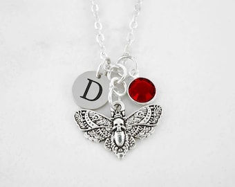 Gothic Moth Pendant - Death's-Head Hawkmoth Necklace - Antique Silver Insect Jewelry - Personalized Initial and Birthstone Charm