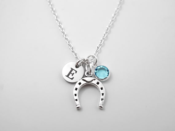 Silver Horseshoe Necklace: Horse Shoe Pendant, Personalized Initial and Birthstone, Good Luck Gifts