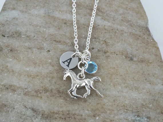 Horse Necklace - Antique Silver Horse Charm Necklace - Monogram Initial and Birthstone - Personalized Horse Jewelry - Horse Gifts