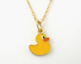 Rubber Ducky Necklace - Yellow Epoxy Rubber Duck Charm Necklace - Antique Gold and Enamel Duck Jewelry - Toy Duck