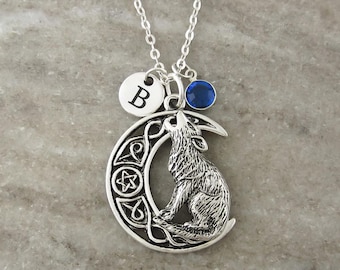 Celtic Wolf Necklace: Personalized Antique Silver Crescent Moon with Pentagram Star Pendant, Howling Wolf Charm
