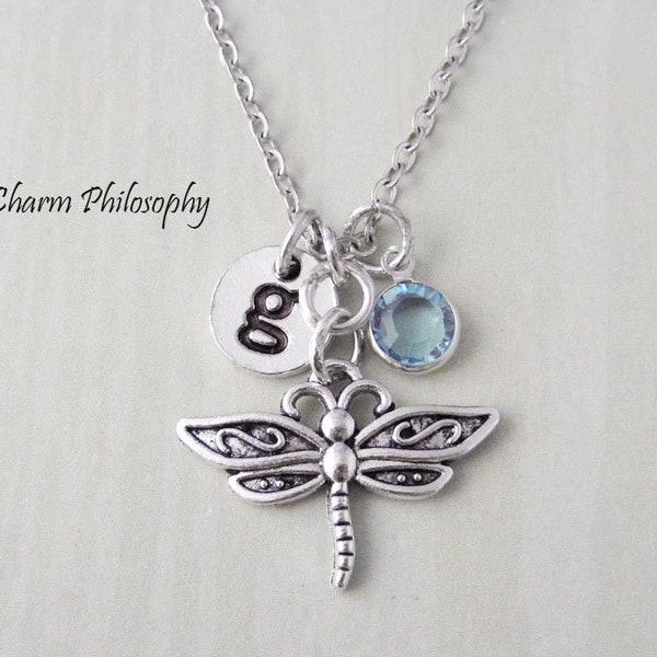 Dragonfly Necklace - Antique Silver Dragonfly Jewelry - Monogram Personalized Initial and Birthstone