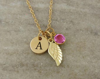 Angel Wing Necklace - Gold Plated Jewelry - Monogram Personalized Initial and Birthstone - Gold Memorial Gift