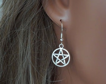 Pentacle Earrings - Wiccan Jewelry - Small Silver Pentagram Charm Earrings - Antique Silver Toned Jewelry