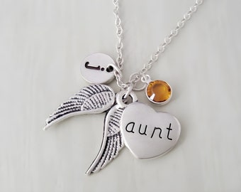 Aunt Memorial Necklace - Angel Wings Necklace - In Memory of Necklace - Monogram Personalized Initial and Birthstone - Sympathy Gift