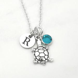 Personalized Turtle Necklace for Turtle Lover Gifts Antique Silver Turtle Jewelry Custom Initial and Birthstone Turtle Gifts Turtle Keychain