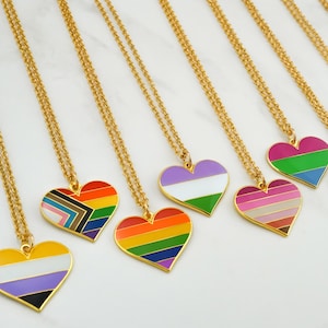 LGBTQ Pride Flag Necklace - Heart Flag Charm Necklace - Gold and Enamel Pride Jewelry - Rainbow LGBT Necklace - LGBTQIA+ Pride Month Gifts