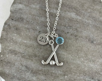 Field Hockey Necklace - Field Hockey Gifts - Antique Silver Sports Jewelry - Monogram Personalized Initial and Birthstone