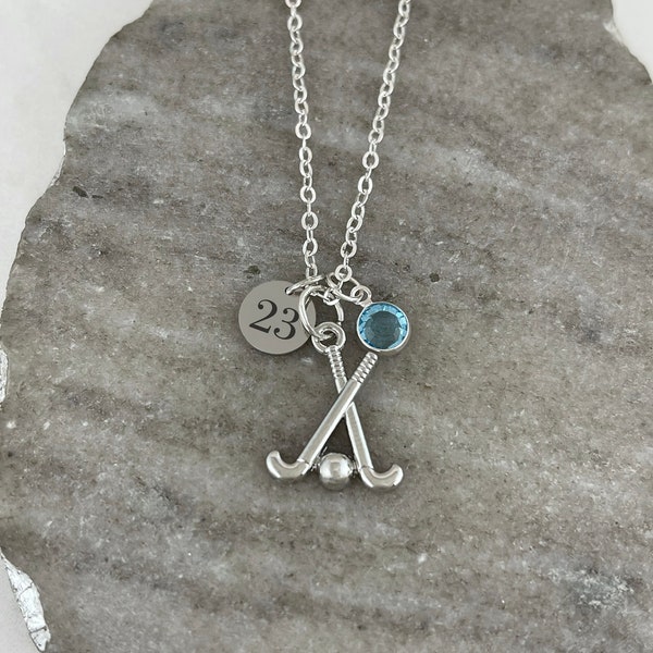 Field Hockey Necklace - Field Hockey Gifts - Antique Silver Sports Jewelry - Monogram Personalized Initial and Birthstone