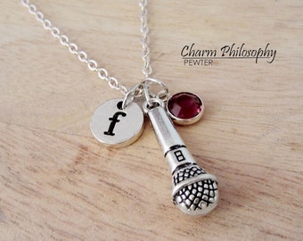 Microphone Necklace - Musician Jewelry - Personalized Monogram Initial and Preciosa Birthstone - Jewelry for Singers