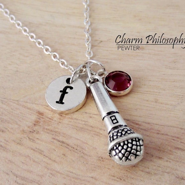 Microphone Necklace - Musician Jewelry - Personalized Monogram Initial and Preciosa Birthstone - Jewelry for Singers