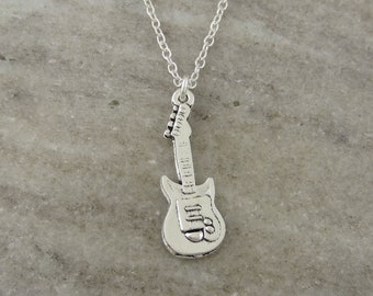 Guitar Necklace - Electric Guitar Charm Necklace - Antique Silver Jewelry