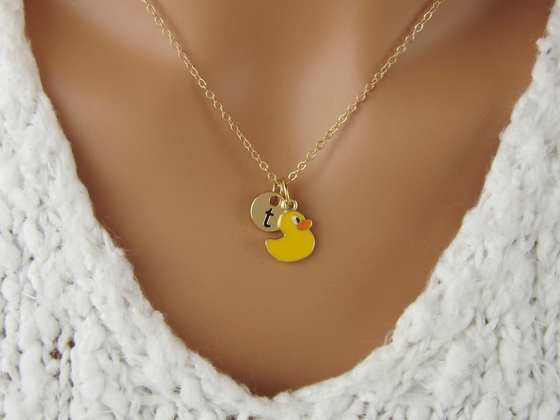 Toy Duck Monogram Initial Necklace Rubber Ducky Necklace Yellow Epoxy Rubber Duck Charm Antique Gold and Enamel Duck Jewelry
