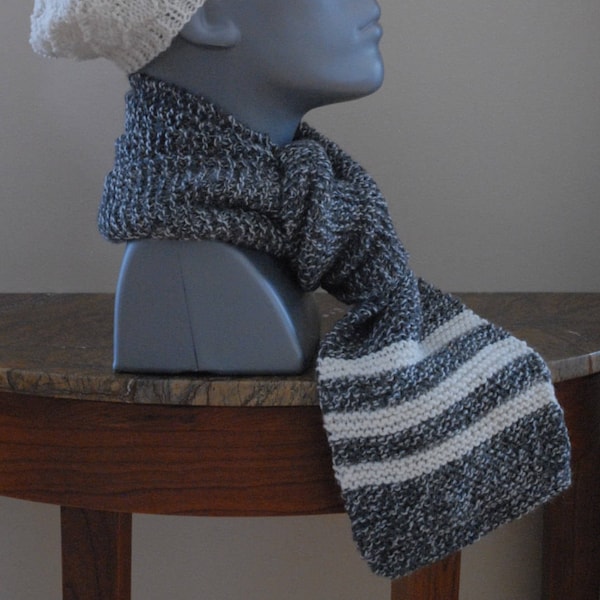 Handknit striped scarf in 100% wool.  Adult & Teen size. Gray with ivory stripes.