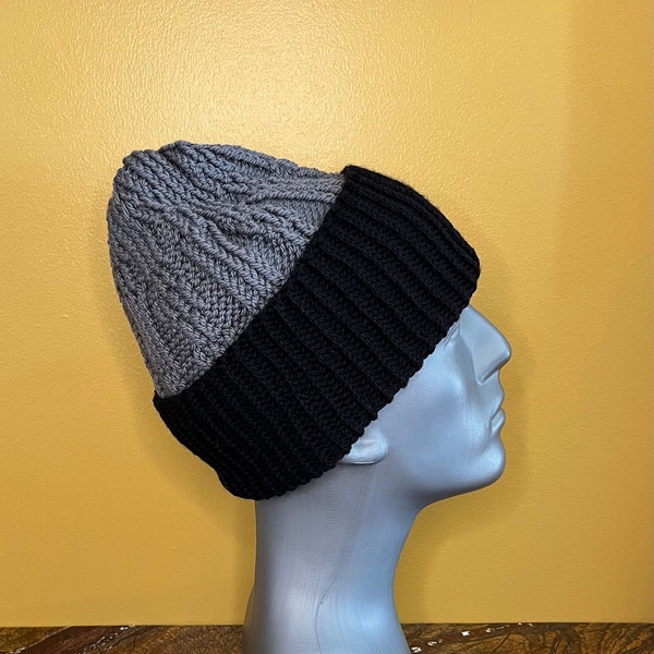 Hand-knit pixie/slouch/beanie in 100% superwash merino wool. Adult or Teen medium.  Dark gray, black.