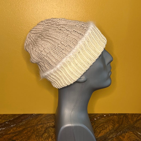 Hand-knit pixie/slouch in superwash merino wool with Angora trim. Adult or Teen medium. Cream, oatmeal.