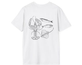 Maglietta con illustrazione di aragosta del Maine / Maglietta con schizzo nautico di aragosta, pesce, razza