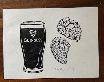 Guinness & Oysters Lino Print: Signed Art, Irish Pub Decor (9x12)