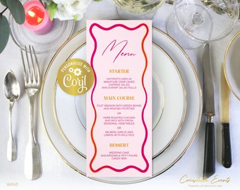 Wavy wedding menu template, editable 3.75"x9" menu, digital pink and orange printable, retro wave edge wedding card, squiggly corjl template