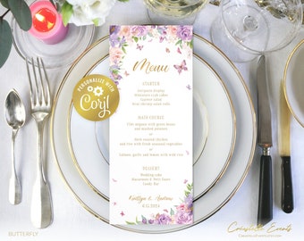 Butterfly wedding menu template, editable 3.75"x9" menu, digital gold and lavender printable, purple floral wedding card, corjl template